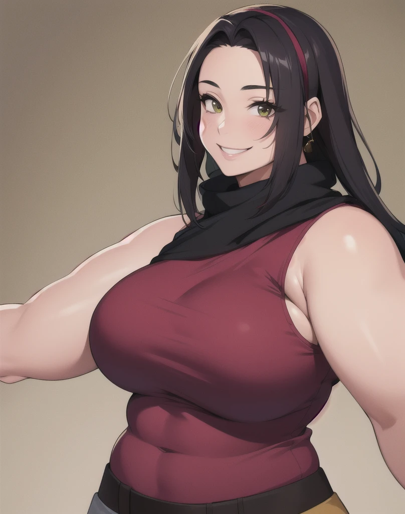 masterpiece, best quality,beautiful adult female,thick arms,smile,sleeveless shirt,
