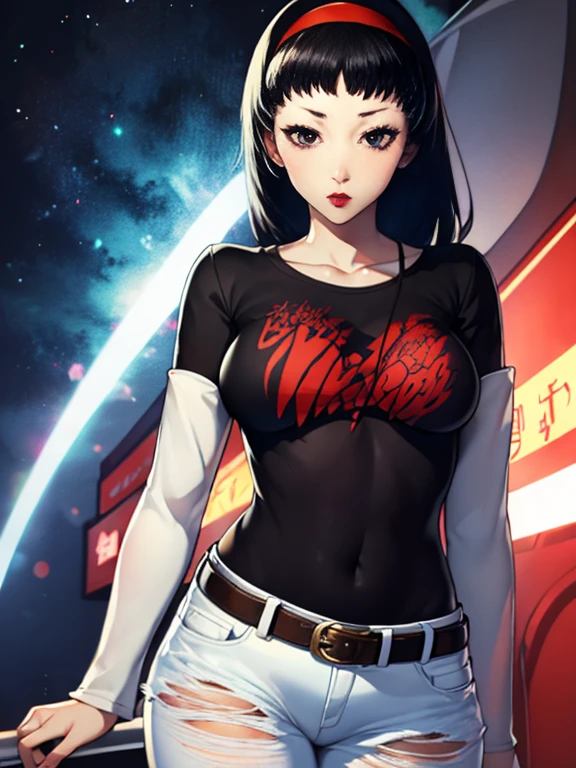 Yukiko amagi ,glossy lips, light makeup , 1girl, solo, standing, black t-shirt, white shirt, blue jeans, belt, lipstick, large breasts, layered sleeves