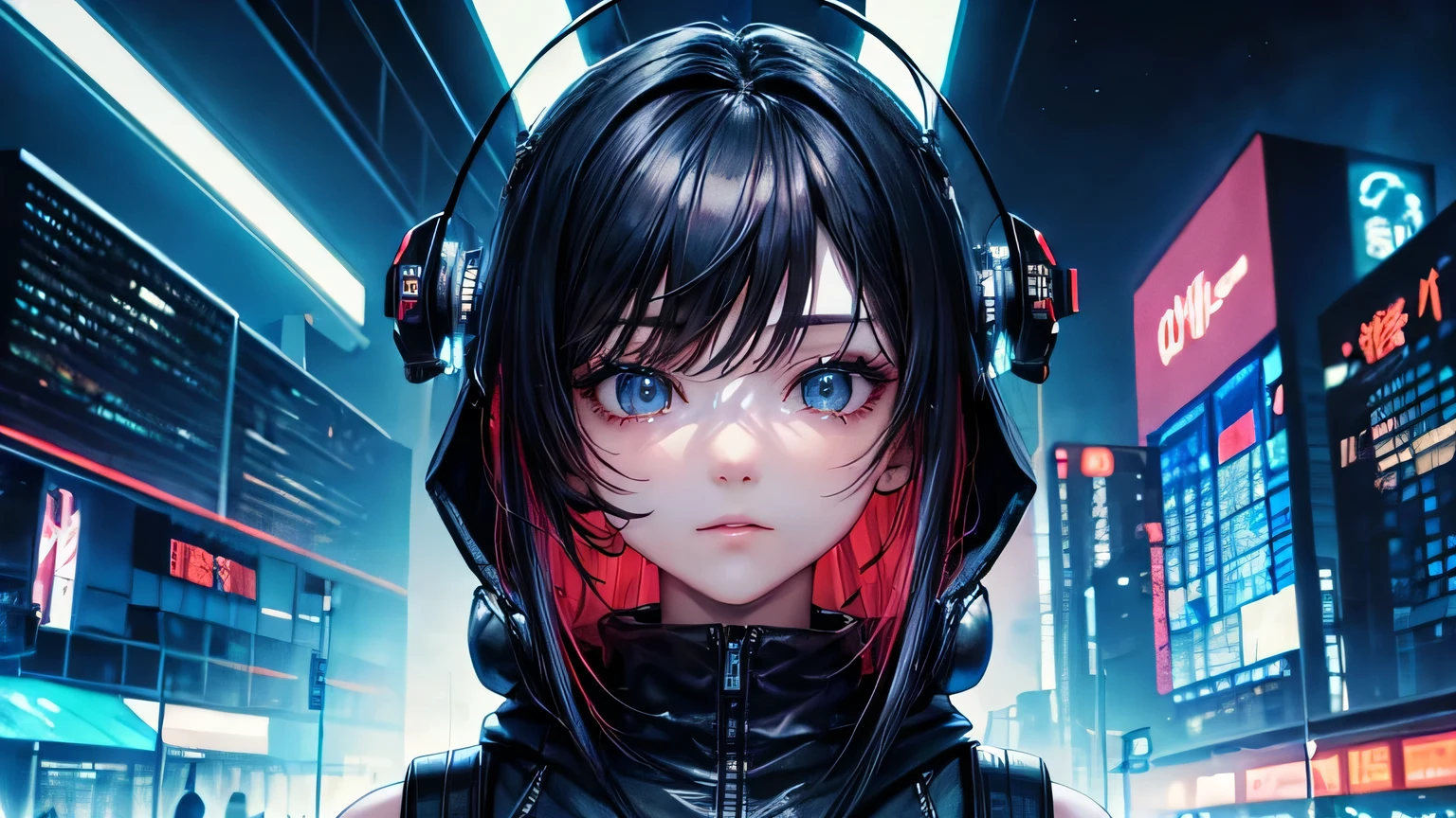 (oil, masterpiece, highest quality, Super detailed, Focus on the characters), One female、cyber punk,Detailed hair depiction,([return:0.8]|[ face facing returnwards:1.1]), 
hoodie,neon,([Night cityscape scenario:1.2]|[ ground:1.3]| [High Contrast:1.1])  