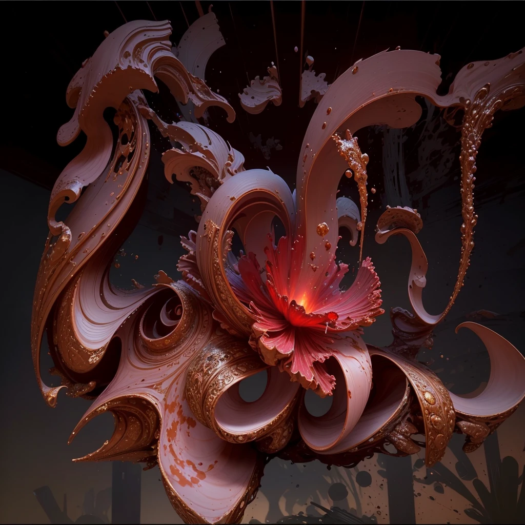 There is a very large red object in the middle of a dark background, 3 d Fluid simulation render, chaotic swirling ferrofluids, rendered in houdini, houdini Fluid simulation, Epic 3D Abstract Model, Fluid simulation in houdini, Fluid simulation, rendered in maya and houdini, rendered, black Fluid simulation, intricate artwork. Octane render