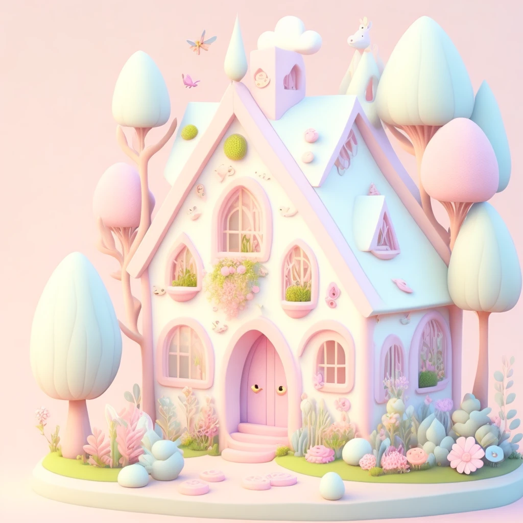 Cartoonish style house、Flowers and plants、Magical Elements、Mobile Games、Forests and plantagical Elementsのタッチ、Animal contours、pastel colour、cute、