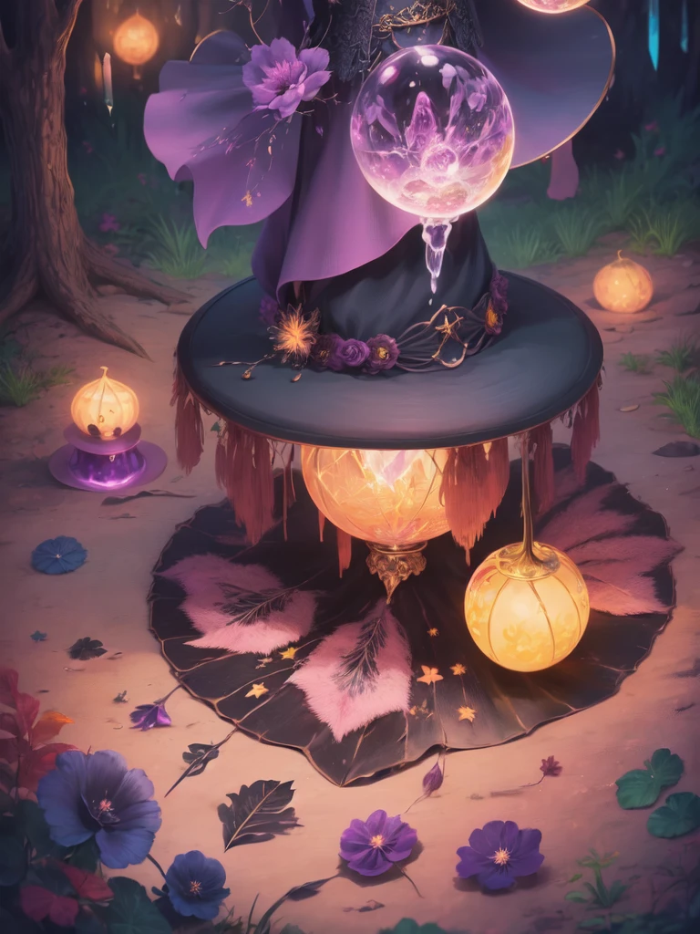 "Witchy Accessories": An illustration showcasing the iconic accessories of witches, including a pointed hat, broomstick, cauldron, and crystal ball, arranged in a visually appealing composition, Ultra realism, color field printing, high detail, UHD, 8k, anatomically correct, cinematic lighting 4d quality