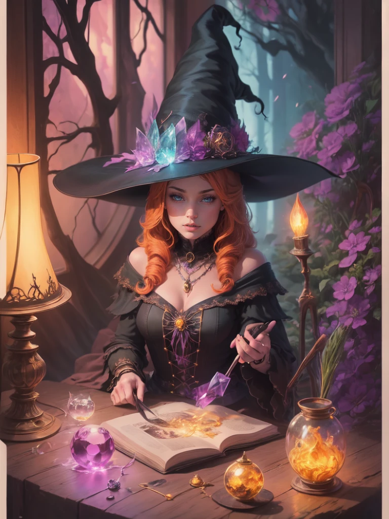 "Witchy Accessories": An illustration showcasing the iconic accessories of witches, including a pointed hat, broomstick, cauldron, and crystal ball, arranged in a visually appealing composition, Ultra realism, color field printing, high detail, UHD, 8k, anatomically correct, cinematic lighting 4d quality