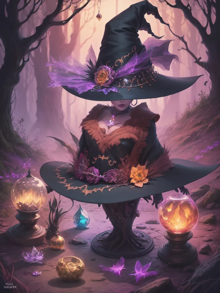 "Witchy Accessories": An illustration showcasing the iconic accessories of witches, including a pointed hat, broomstick, cauldron, and crystal ball, arranged in a visually appealing composition, Ultra realism, color field printing, high detail, UHD, 8k, anatomically correct, cinematic lighting 4d quality
