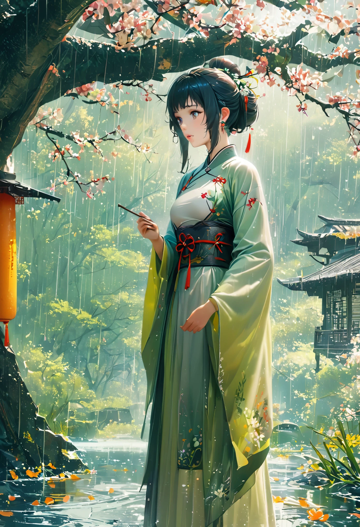 1girl, Cai GuoRUN's illustration style, Rainy Qingming season, Under a willow tree, A shepherd boy, amidst the rain, points into the distance, indicating the direction to Apricot Blossom Village, spring is full of freshness, rich details, spring scene, flat design, soft colors, vibrant tones, Chinese traditional painting elements, photorealistic, Minimal composition, High saturation and high contrast,rich light and shadow details, sharp contrast and clean lines