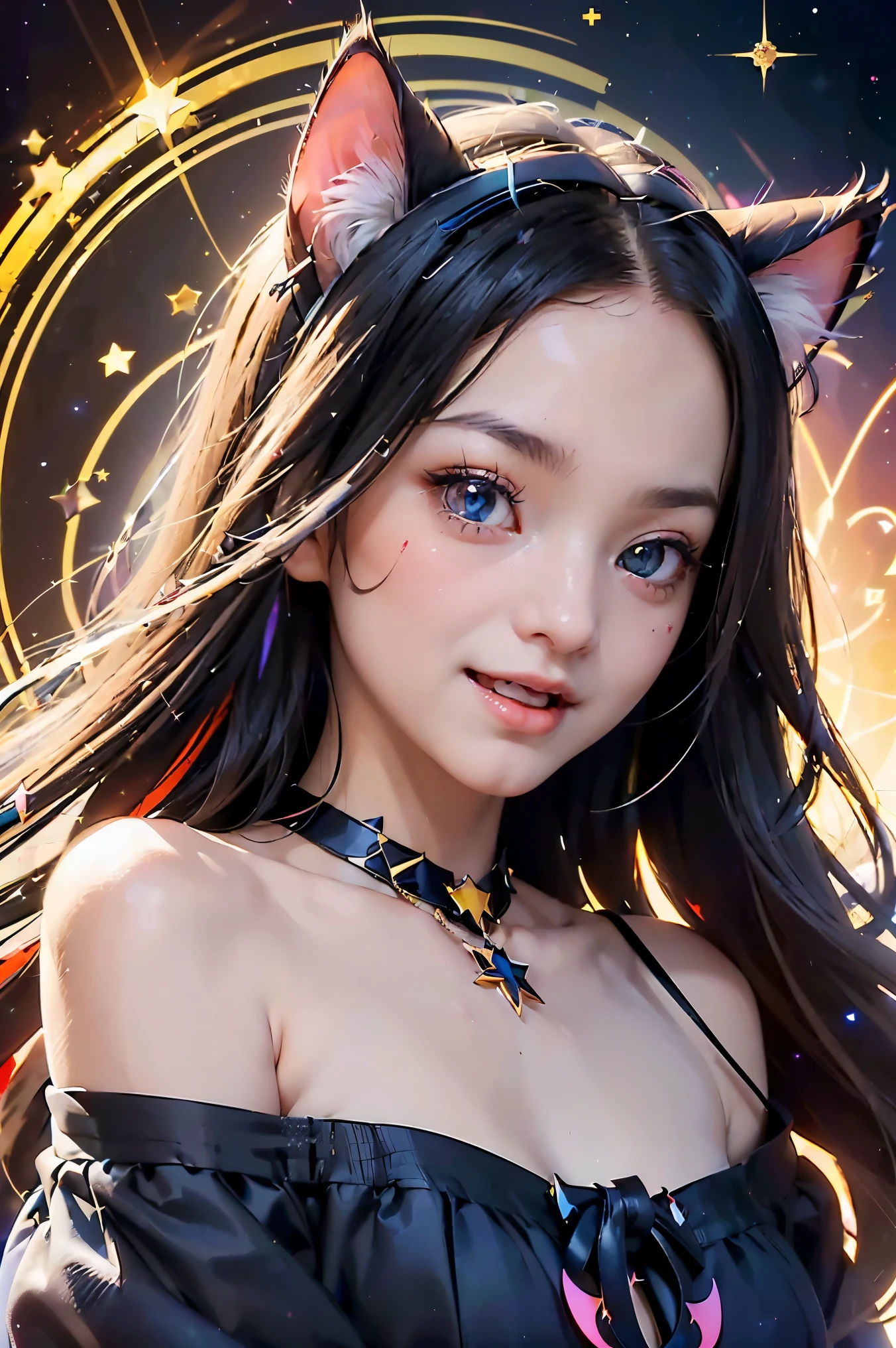 (masterpiece, best quality), ((1girl, (mature female) long hair), (star-shaped pupils,  +_+, symbol-shaped pupils, sparkling eyes), (cat ears, open open mouth)), (looking at viewer, light smile, off shoulder), (abstract, multicolored background, abstract background, chromatic aberration), vampire, blood on face, blood on clothes, bat wings