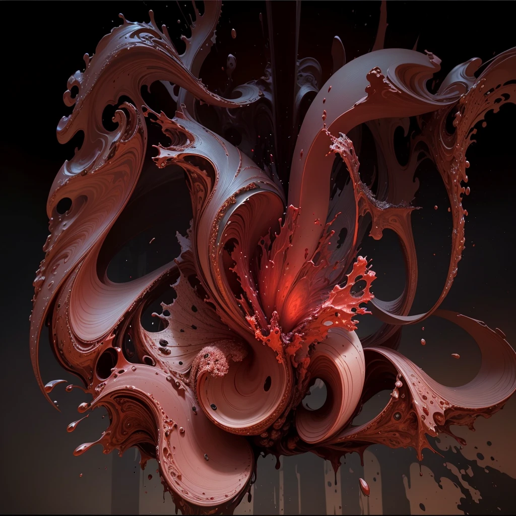 There is a very large red object in the middle of a dark background, 3 d Fluid simulation render, chaotic swirling ferrofluids, rendered in houdini, houdini Fluid simulation, Epic 3D Abstract Model, Fluid simulation in houdini, Fluid simulation, rendered in maya and houdini, rendered, black Fluid simulation, intricate artwork. Octane render