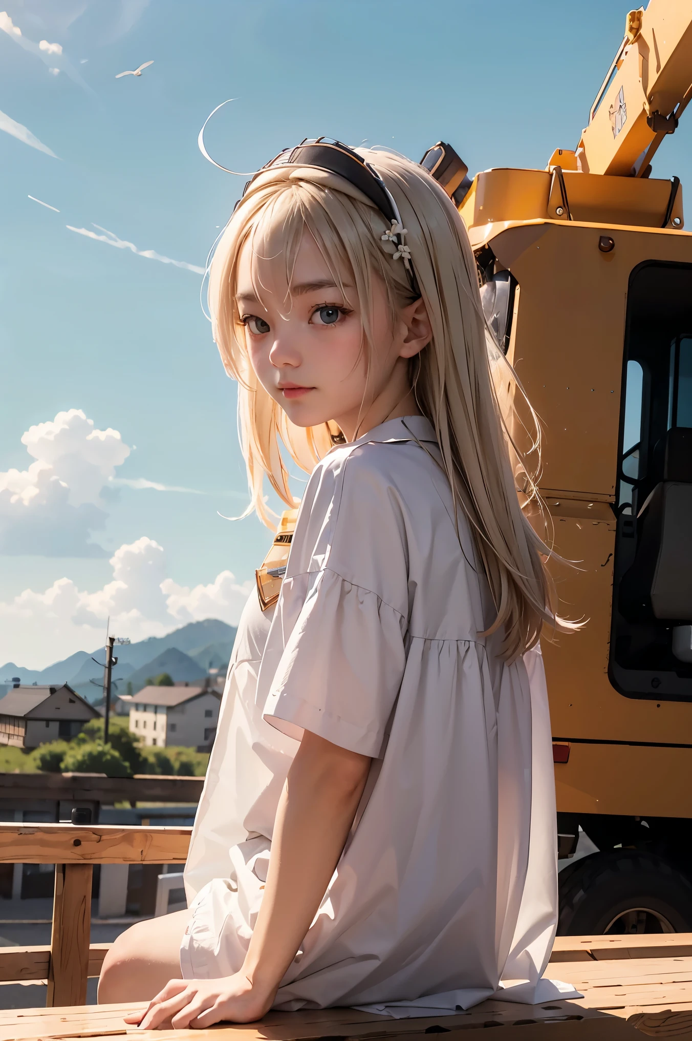 masterpiece, top quality, highly detailed, Unity 8k wallpaper, (riding a crane truck), firmament, girl 1 person, heavy machinery, gradient hair, hair between eyes, ahoge, age: 16, looking back, pretty face, white neeso,