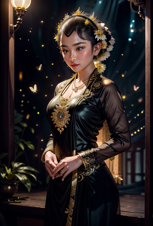 a gorgeous javanese hijab girl in a javanese kebaya under the fullmoon with outstanding soft fullmoon light and fireflies scene,  see the audience, necklace, bracelet, detailed detail, glowing butterflies, soft rays of light, (medium framing shot), pay attention for the face detail, masterpiece, ultra sharp image, 