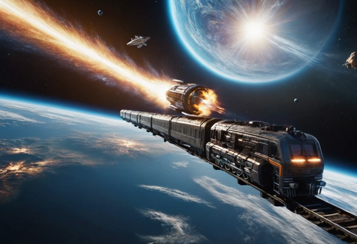 Realistic space battle scene in outer space, shooting from spaceships, explosions and debris, epic scale of what is happening, high definition, high detail, the battle scene is described in detail, high contrast of objects in dark outer space, digital frame processing, ray tracing, high realism, 32k, depth of field、A train floating in space、A steam locomotive floating in space、Futuristic Space Railway、Portrait image