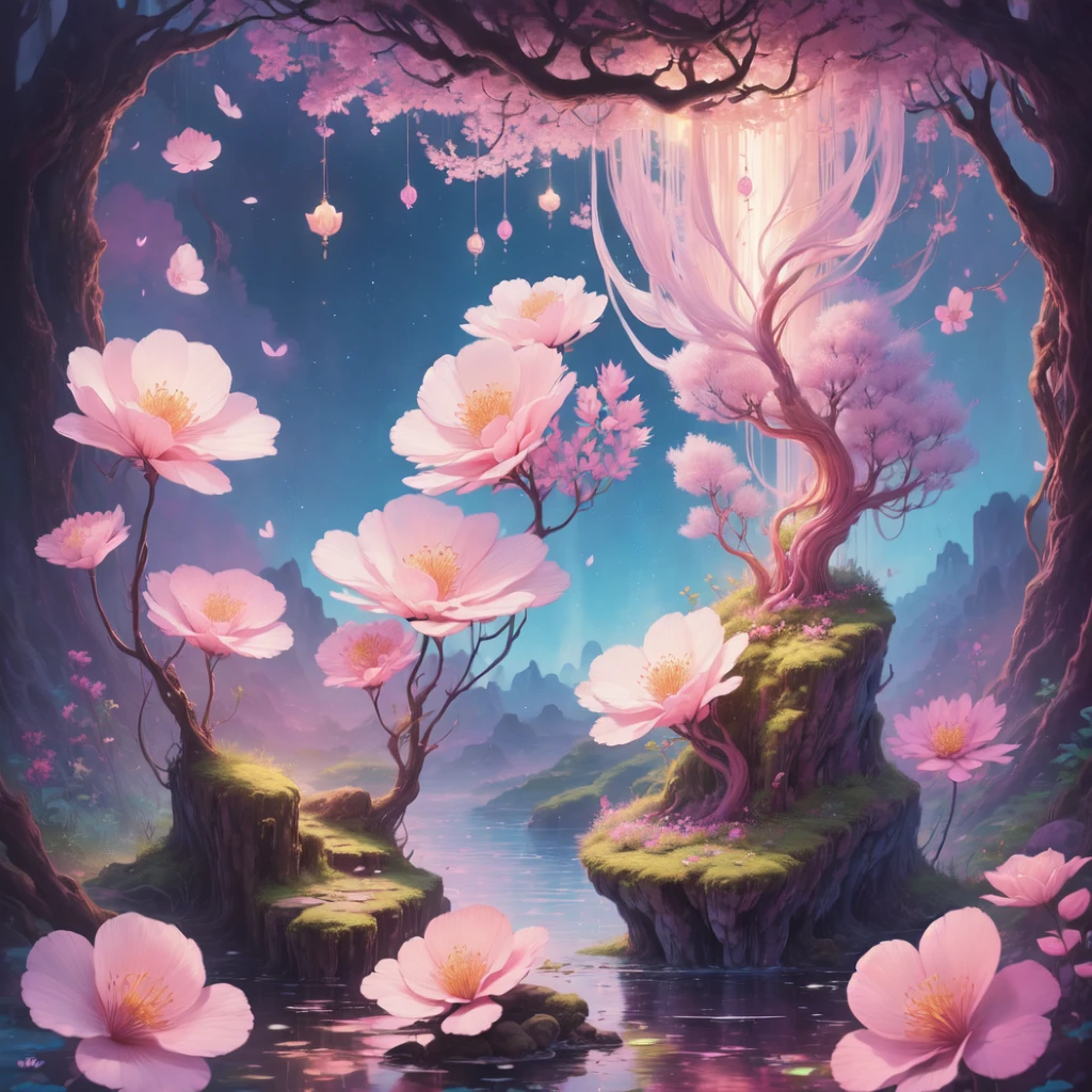 Create a mesmerizing scene where a woman is rests from a rope of ornate, lush, detailed flowers, delicately suspended with ornate ropes of extremely detailed flowers. The woman is in a mythic realm of dreams. Include floating islands and intricate watercolor skies. The woman's face exudes a sense of peace and happiness as she hangs weightlessly in the air. She is dwarfed by her interesting environment. The environment is filled with fluffy clouds, waterfalls cascading from the floating islands, and a vibrant, surreal environment with beautiful shades of pink, purple, and blue. The atmosphere is filled with a sense of wonder and tranquility. ((Include many shades of pink in the artwork's details and background.)) This scene will be depicted in an anime-style illustration, with soft lines, pastel colors, and a whimsical touch. The artwork will capture the ethereal beauty and tranquility of the dreamlike realm, creating a sense of harmony and escape from the ordinary world.