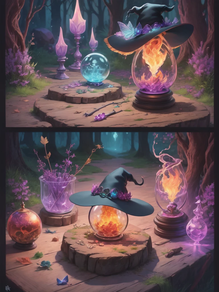 "Witchy Accessories": An illustration showcasing the iconic accessories of witches, including a pointed hat, broomstick, cauldron, and crystal ball, arranged in a visually appealing composition, Ultra realism, color field printing, high detail, UHD, 8k, anatomically correct, cinematic lighting 4d quality