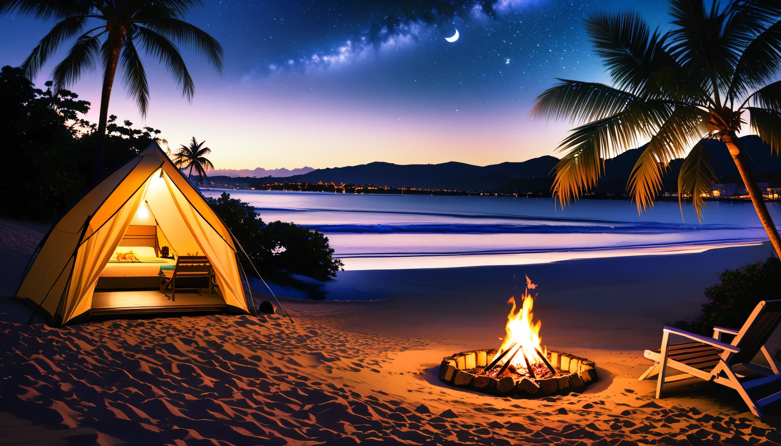 High fidelity Photograph、beach campsite、bonfire、beautiful sandy beach、The crescent moon is beautiful、tent、unburned bonfire、Grill、deck chair、starry、Quiet place、beautful view、lamplight、there was no one。