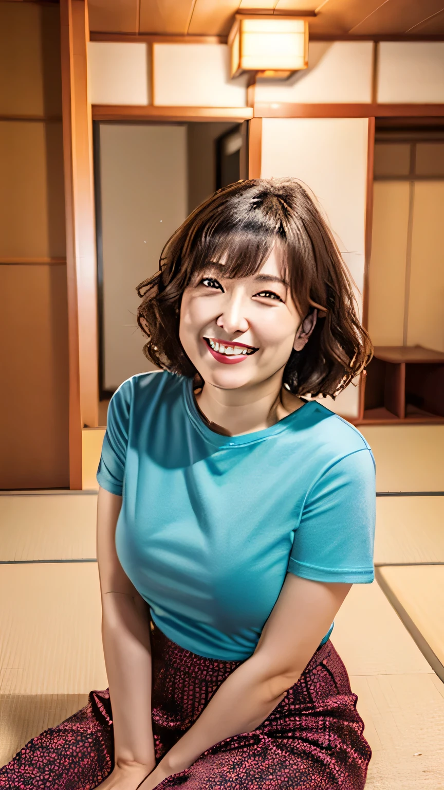8k、G-cup breasts,40 years old、Residing in Japan,Short Hair Woman,Laughter,Shooting from below,Japanese,Mature Woman,A big smile,Japanese-style room,mini skirt,Surreal,Plain T-shirt