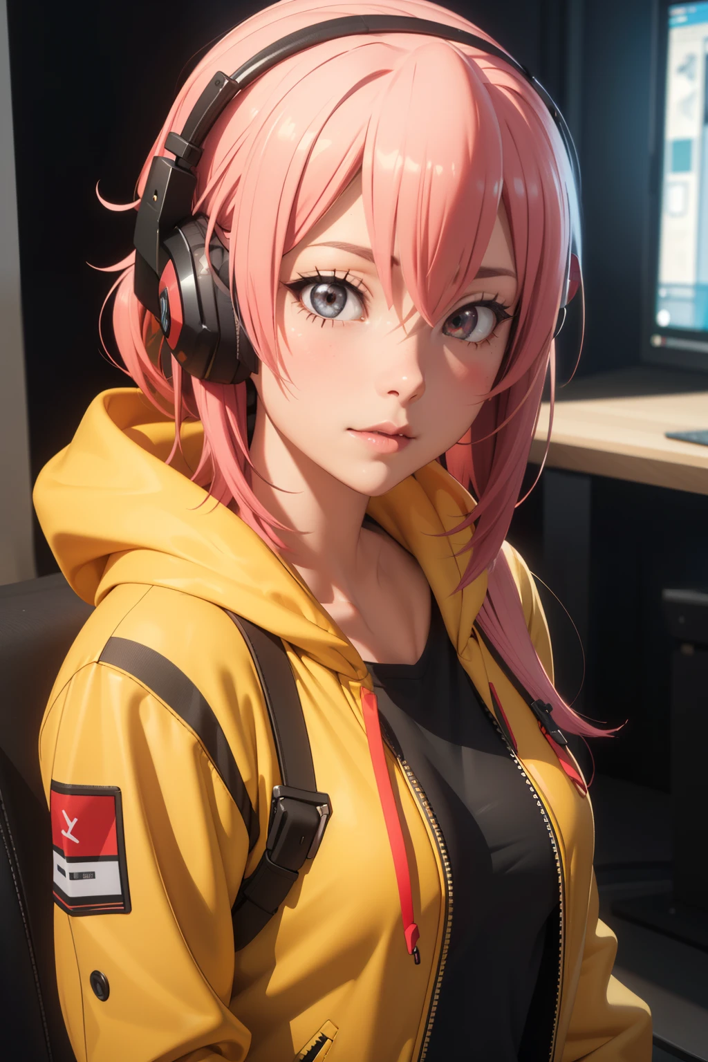 a close up of a person wearing headphones and a (yellow jacket), a character portrait by senior character artist, trending on cg society, realism, render of a cute 3d anime girl, cyberpunk anime girl in hoodie, photorealistic anime girl render, 3d anime girl, anime styled 3d, m4 sopmod ii girls frontline, e - girl, e-girl