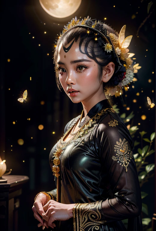 a gorgeous javanese hijab girl in a javanese kebaya under the fullmoon with outstanding soft fullmoon light and fireflies scene, see the audience, necklace, bracelet, detailed detail, glowing butterflies, soft rays of light, (medium framing shot), pay attention for the face detail, masterpiece, ultra sharp image,
