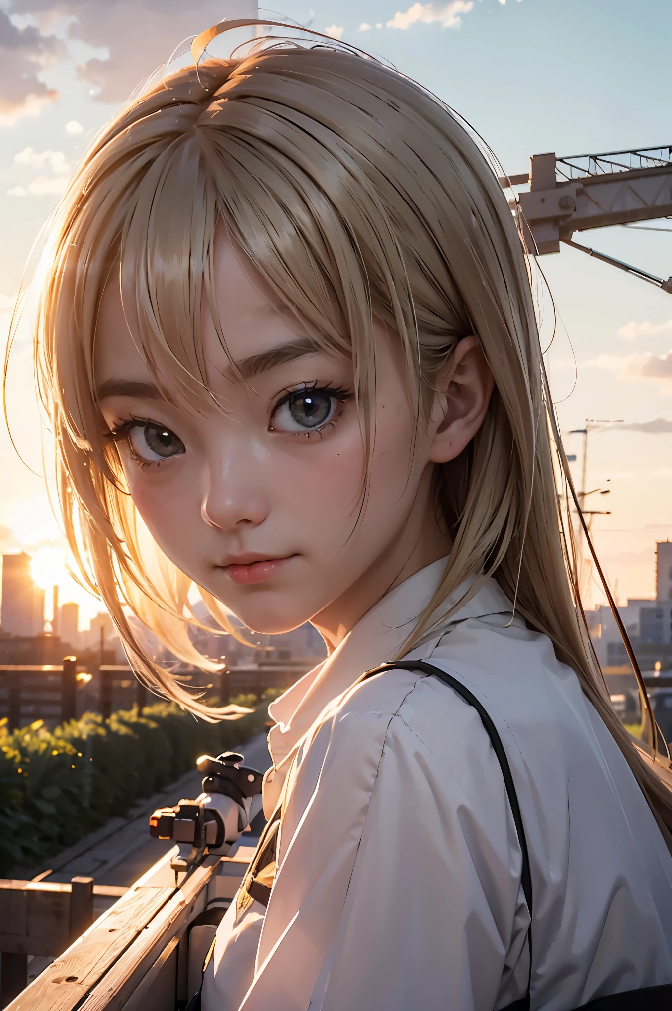 masterpiece, top quality, highly detailed, Unity 8k wallpaper, (riding a crane truck), firmament, girl 1 person, heavy machinery, gradient hair, hair between eyes, ahoge, : 16,ooking back, pretty face, white neeso,