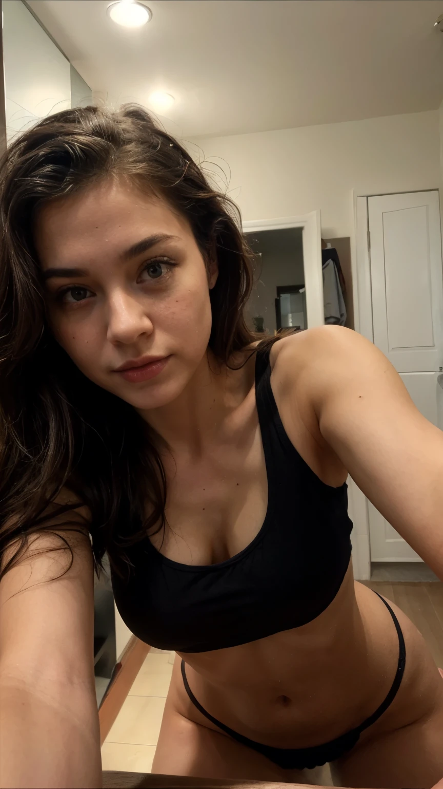 ((best quality)), ((masterpiece)), (detailed), perfect girl taking a selfie, wearing a sexy black tank top , seductively looking at the viewer, ((looking at camera))
