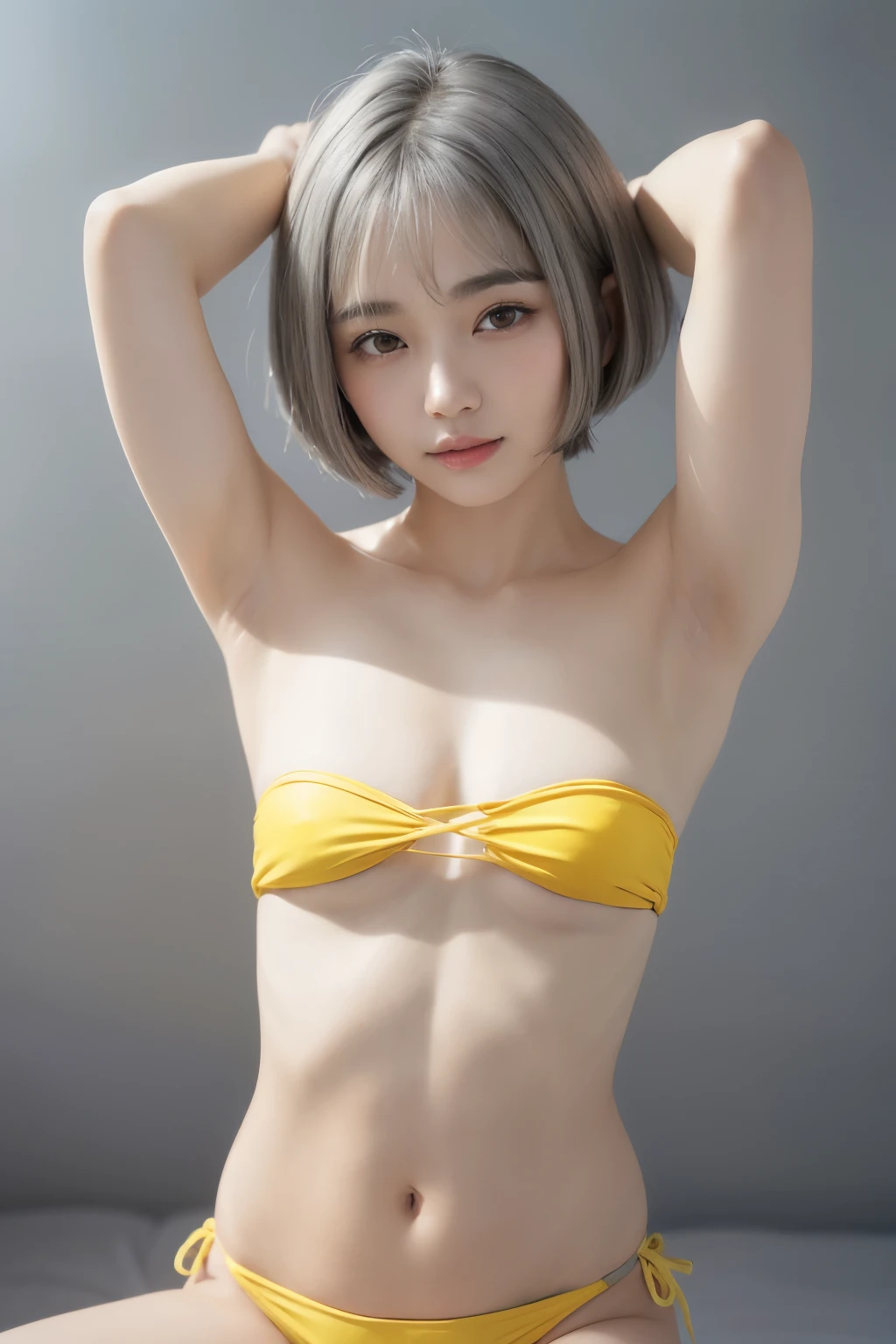 ((Small breasts:1.3))、 ((Bare Armpits:1.6))、(Mouth watering and mouth slightly open:1.4)、(Yellow strapless micro bikini:1.7),(Sexy pose:1.3)、((Highest quality:1.5))、((High-definition images:1.4))、Natural Shading、((Thin pubic hair))、K-POPアイドル)Calm and happy like a goddess、(((Exposing breasts、Nipples)))、(((between legs,crack)))、Look at the viewer with your whole body、((Small breasts:1.3))、Natural Shading、((Thin pubic hair))、K-POPアイドル)Calm and happy like a goddess、(((Exposing breasts、Nipples)))、(((between legs,crack)))、Look at the viewer with your whole body、((Small breasts:1.3))、Natural Shading、((Thin pubic hair))、K-POPアイドル)Calm and happy like a goddess、(((Exposing breasts、Nipples)))、(((between legs,crack)))、Look at the viewer with your whole body、((:1.3))、Natural Shading、((Thin pubic hair))、K-POPアイドル)Calm and happy like a goddess、(((Exposing breasts、Nipples)))、(((between legs,crack)))、Look at the viewer with your whole body、((((Beautiful bob-cut gray hair))))、((White haired Japanese woman)))、(Short bob cut gray hair:1.5)、masterpiece, highest quality, 8k, Absurd, (Upper Body:1.4), beautiful girl, Pretty face, Looking at the audience, Laughter, Surreal, High resolution, photograph, Film Grain, chromatic aberration, Sharp focus, High resolution, Face Light, Dynamic Lighting, Cinema Lighting, Professional Shadow, Simple Background, (Dull grey background:1.4), Most detailed, Very detailed, Very detailed, finely, Real Skin, Delicate features, Detailed face and eyes, Sharp pupils、Realistic student、(Korean、Japanese、Chinese:0.4)