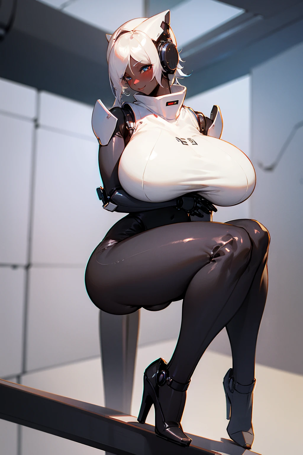 Haydee Robot, y, bigeast enlargelack skin, sci-fi city, black high heels, blushing, white hair, big eyes, full-body shot looking at the camera and smiling