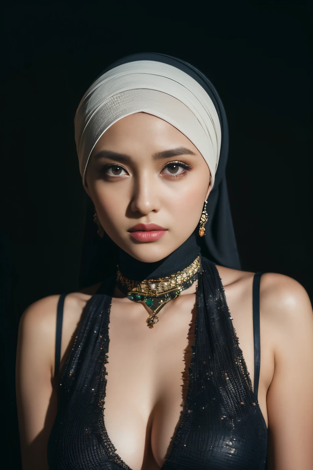 bellydancer, cyberpunk, javanese, (((hijabi))), cleavage, reflection light, chiaroscuro, depth of field, cinematic lighting, ray tracing, Sony FE GM, UHD, super detail, masterpiece, textured skin, high details, best quality, award winning，3D,hdr（HighDynamicRange）,Ray tracing,NVIDIA RTX,Hyper-Resolution,Unreal 5,Subsurface scattering、PBR Texture、post-proces、Anisotropy Filtering、depth of fieldaximum definition and sharpnesany-Layer Textures、Albedo e mapas Speculares、Surface coloring、Accurate simulation octane rendering of light-material interactions、Two-colored light、largeaperture、Low ISO、White balance、the rule of thirds、8K raw data