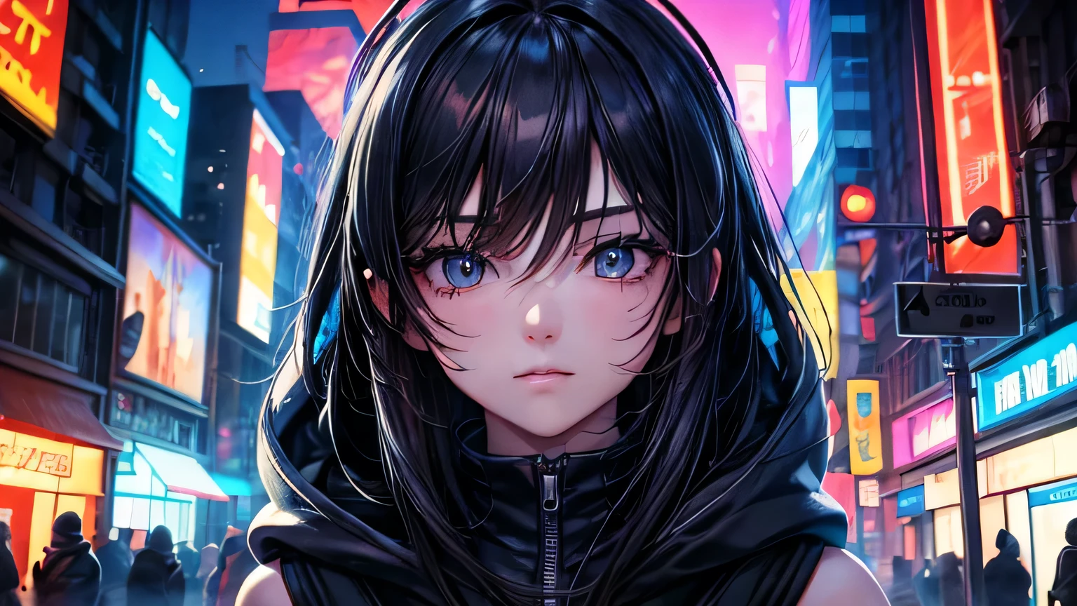 (oil, masterpiece, highest quality, Super detailed, Focus on the characters), One female、cyber punk,Detailed hair depiction,([return:0.8]|[ face facing returnwards:1.1]), 
hoodie,neon,([Night cityscape scenario:1.2]|[ ground:1.3]| [High Contrast:1.1])  