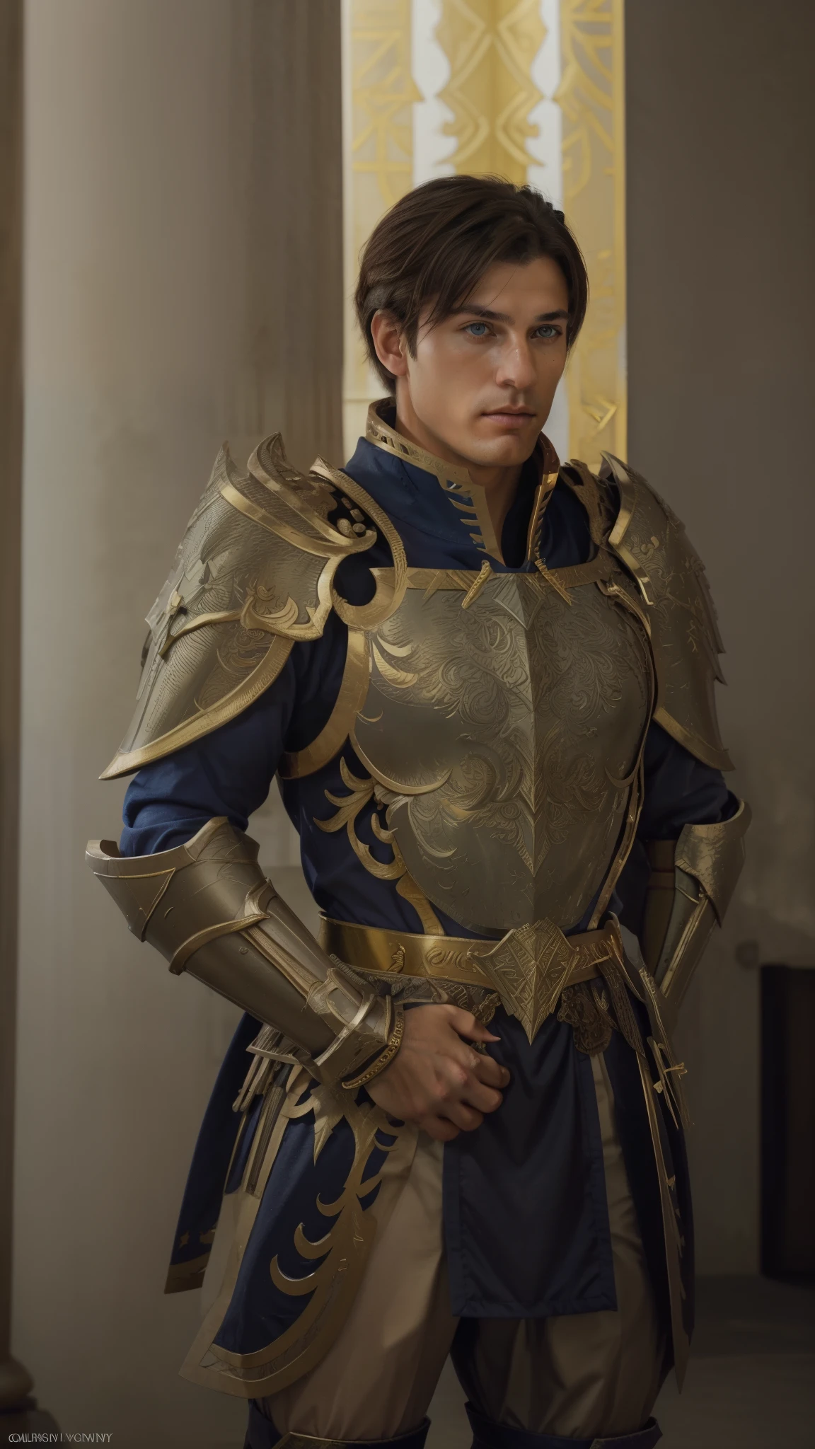 1 man,Masterpiece, Absurd, Award-winning photo, Extremely detailed, Amazing, masculine details, Extremely detailed eyes and face, author:Lee Jeffreys Nikon D850 Film Stock Photography 4 Kodak Portra 400 Camera F1.6 lens rich colors hyper realistic texture realistic lighting dramatic lighting unrealengine trend in artstation cinestill 800 tungsten, Young man, strong looking(( archangels warriors 3), large wings (three angels men warriors big wings, cherubs in a gold armor and accessories, Golden wings, wearing AGF:1.1), (Redshift style:1.1), (Style, Realistic, photographed, professional, High contrast, 3boysl, expressive look, hdr, Highest quality, Sharp focus, looking at viewert, Facing the viewer, 8K, Blue eyes, Wearing (Male paladin_glam armor, armor decorated with jewels, paladin armor: 1.15), Final Fantasy XIV setting, ultra sharp resolution, Cinematic lighting, Sharp focus, (illustration: 1.1), Intricate,3 Archangels, Short-haired Catholic, wearing a robe and armor, Golden, Silver, and broze, pondering over one with swords, Golden Hoop Stick, church in classical style, columns detail Corinthias poorly lit, hall bright lights, flashing lights,