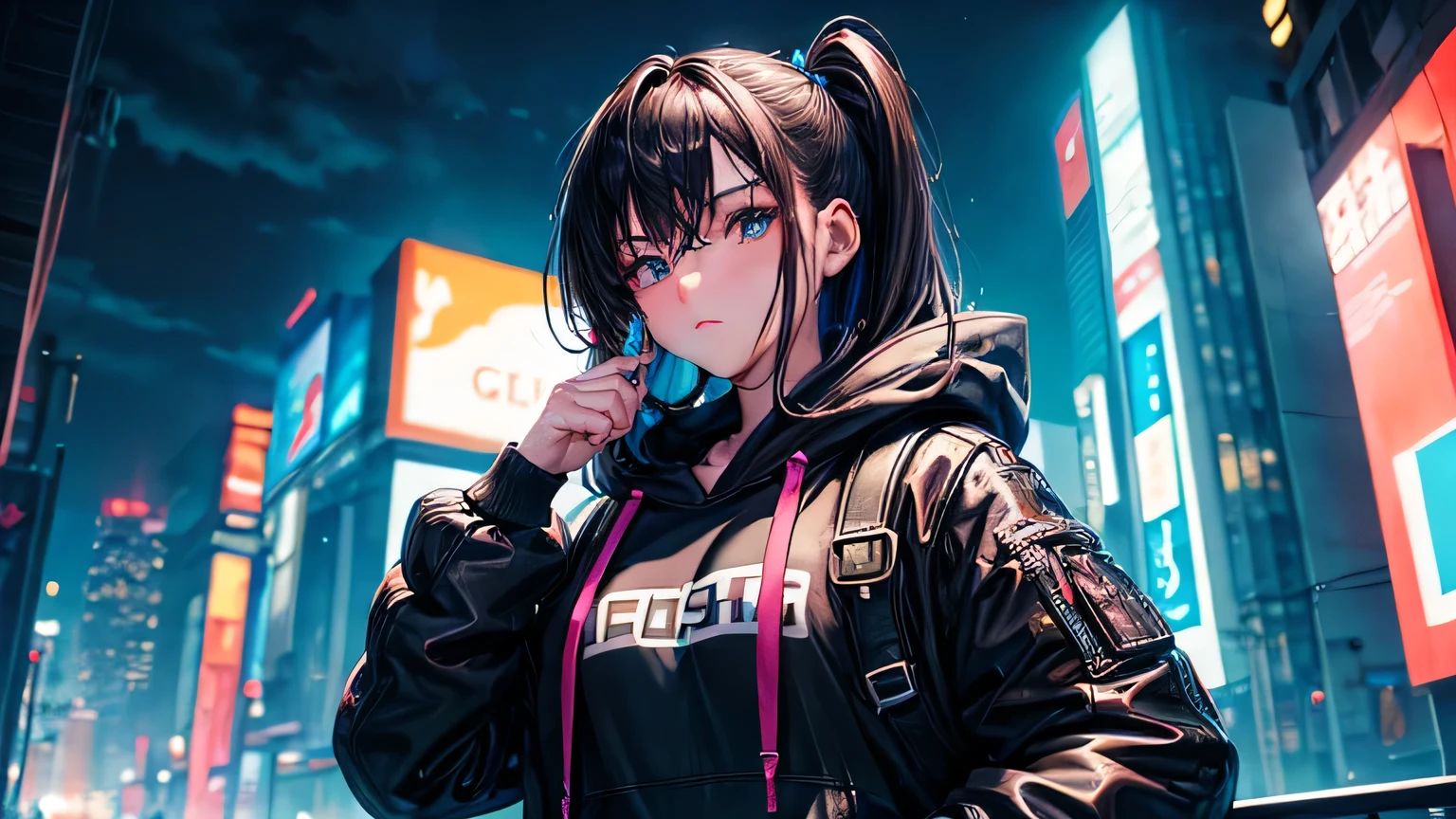 (oil, masterpiece, highest quality, Super detailed, Focus on the characters), One female、cyber punk,Detailed hair depiction,([return:0.8]|[ face facing returnwards:1.1]), 
hoodie,neon,([Night cityscape scenario:1.2]|[ ground:1.3]| [High Contrast:1.1])  