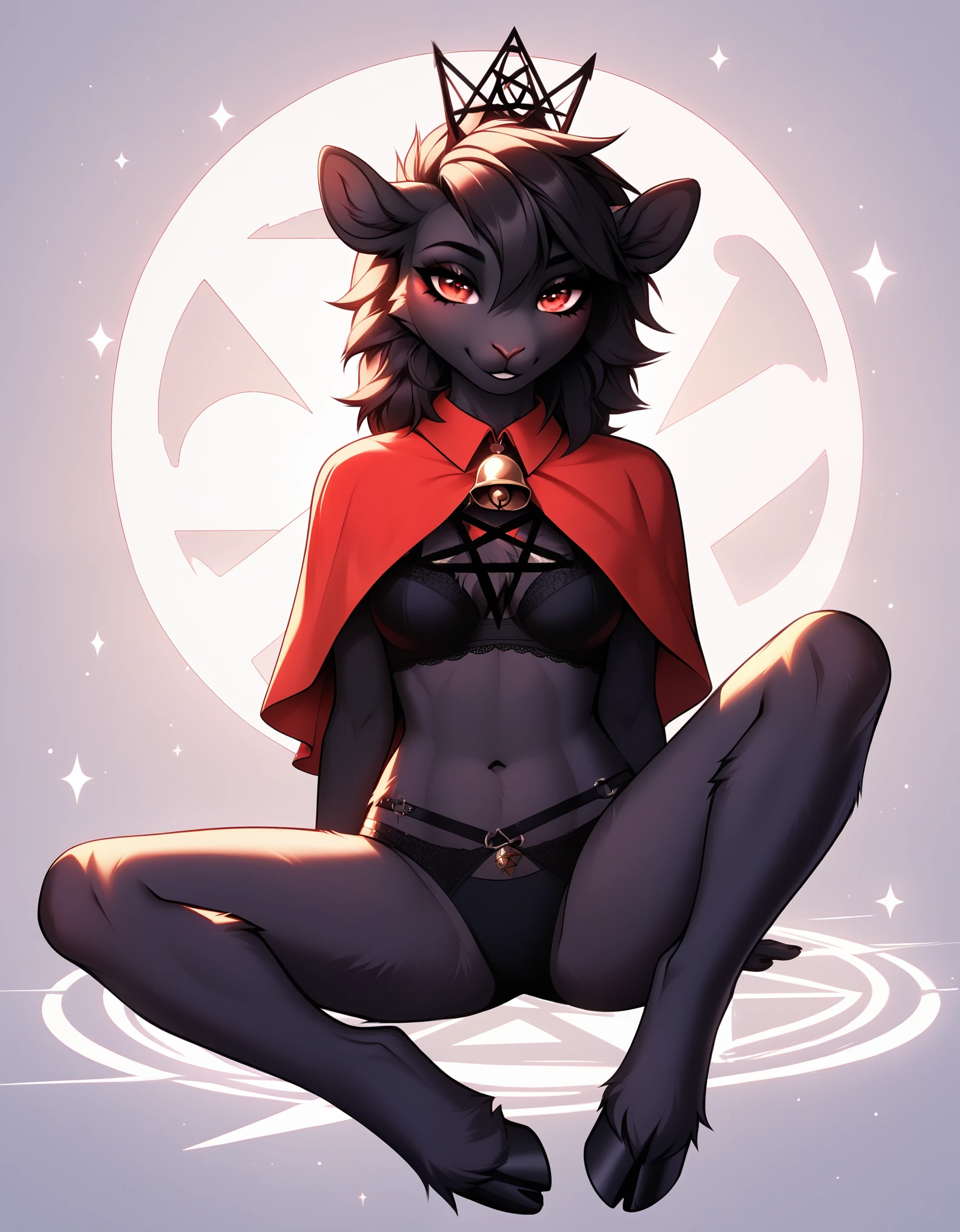 score_9, score_8_up, score_7_up, source_furry, rating_safe, by fluff-kevlar, by Zackary911, by Kenket, by Kilinah, by fluff-kevlar, cultofthelamb, furry female anthro, sheep girl, black fur, sitting, spread legs, hooves, solo, (body fur:1.2), (best quality), red capelet, (red crown:1.1), neck bell, seductive, red eyes, (dark pentagram background:1.2), dramatic lighting, detailed fluffy fur, octane render,, panties, bra