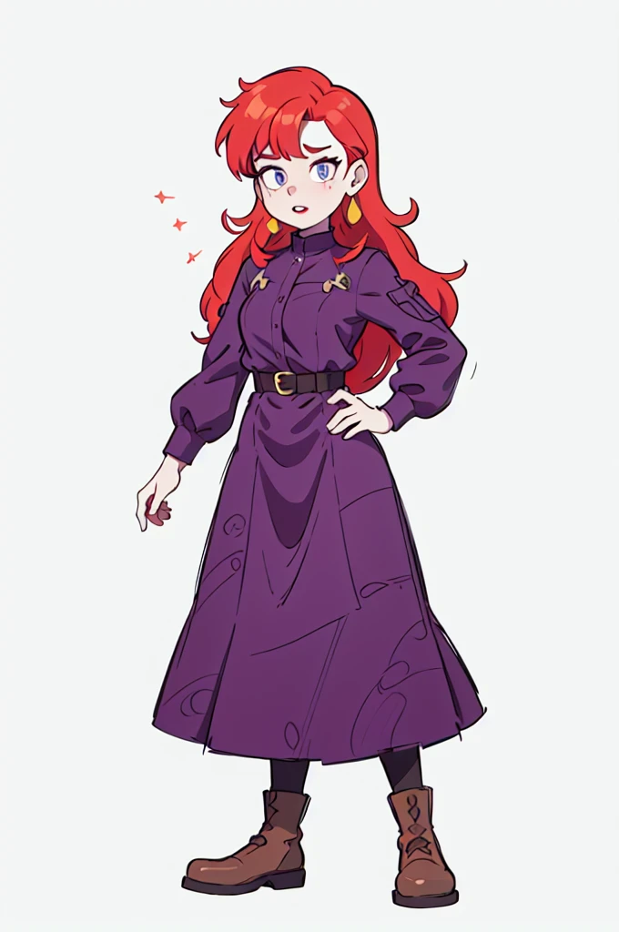 best quality,ultra-detailed,caricature of a girl with red hair in a purple dress and brown boots,witty and exaggerated facial features,stylish and unique clothing,playful expression and pose,colorful and vibrant background,cartoonish style,pop art,humor,lively colors, inspiration,shading and line work,creative and imaginative composition,vibrant and contrasting color palette,dynamic lighting,stylized hair and clothing details,expressive eyes and lips,fun and lively atmosphere,artistic interpretation.