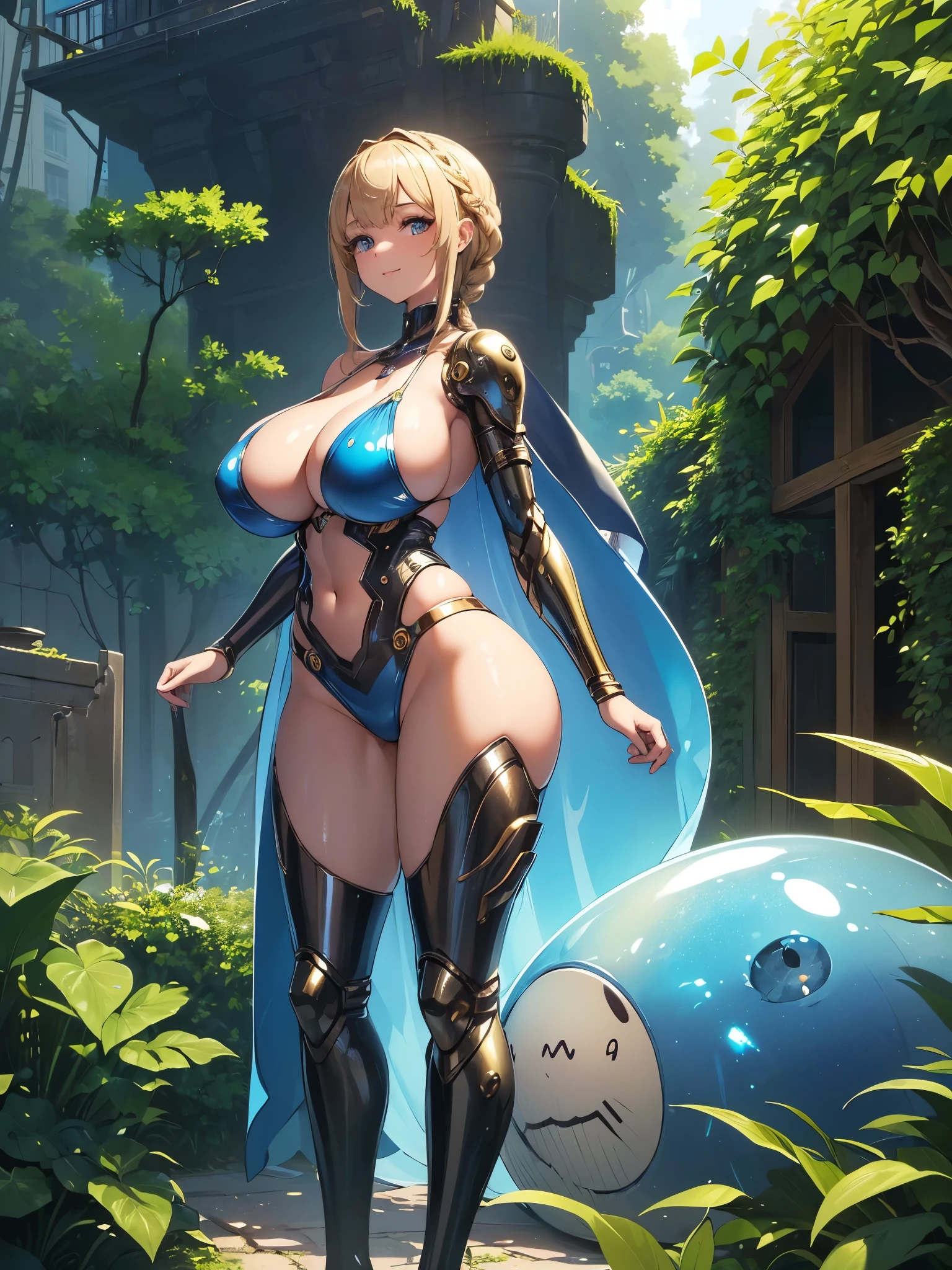 (((masterpiece))), (((best quality))), ((ultra-detailed)), (illustration), ((an extremely delicate and beautiful)), ((super detail)), ((high resolution)), (((20 years old))), metallic cloth, (slime lady), (super heroine), (android), delicate metal decorations, gleaming skin, shiny body, two legs, breast focus, (((tall))), slender legs, ((big round eyes)), cute eyes, drooping eyes, ((adult)), two hands, five fingers, no extra hands, elegant smile, braid, ((metallic blue)), (see-through), (dark blonde), ((ultra-huge breasts)), (shining brightly), outdoor, mini skirt, daytime, ((biopunk)), (hair shorter than shoulder), (medium length hair), gynoid, (bikini), garden, street,
