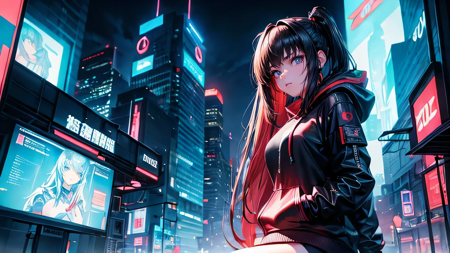 (oil, masterpiece, highest quality, Super detailed, Focus on the characters), One female、cyber punk,Detailed hair depiction,([return:0.8]|[ face facing returnwards:1.1]), 
hoodie,neon,([Night cityscape scenario:1.2]|[ ground:1.3]| [High Contrast:1.1])  