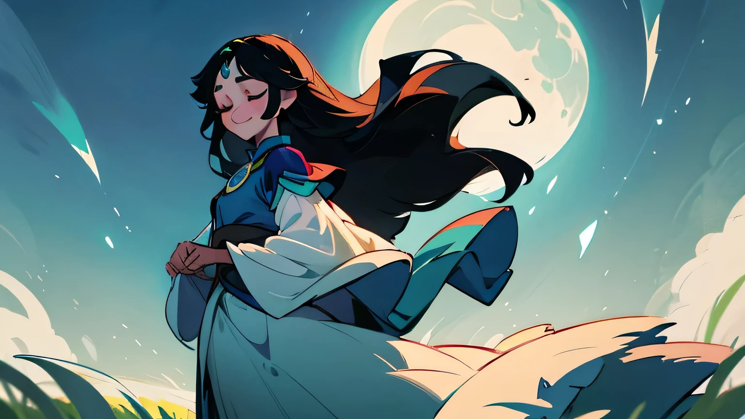 teen moon princess with long black hair, sea blue eyes and snow white skin under full moon on the green field. close eyes, smile