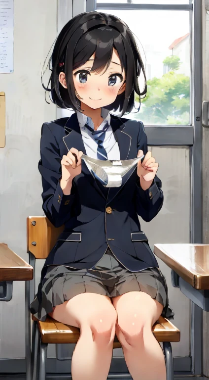 A masterpiece down to the last detail、highest quality、Realistic、One Girl、alone、18-year-old、Looks like about 5 years old、140cm Beautiful Girl、、5 year old baby face、Silky Hair、 Big eyes、cute 、classroom、Beautiful and fine details、Realistic eyes、Professional Effects、Enhanced elegance,Sit on a chair,Black Hair、Bobcut,from the front,thin、Tilt、thin、smile、white panties,uniform、 青いblazer、blazer、Pleated skirt、Grey Skirt、Silk blouse、White blouse、feet、Black socks,Holding white panties / presenting white panties,tie
