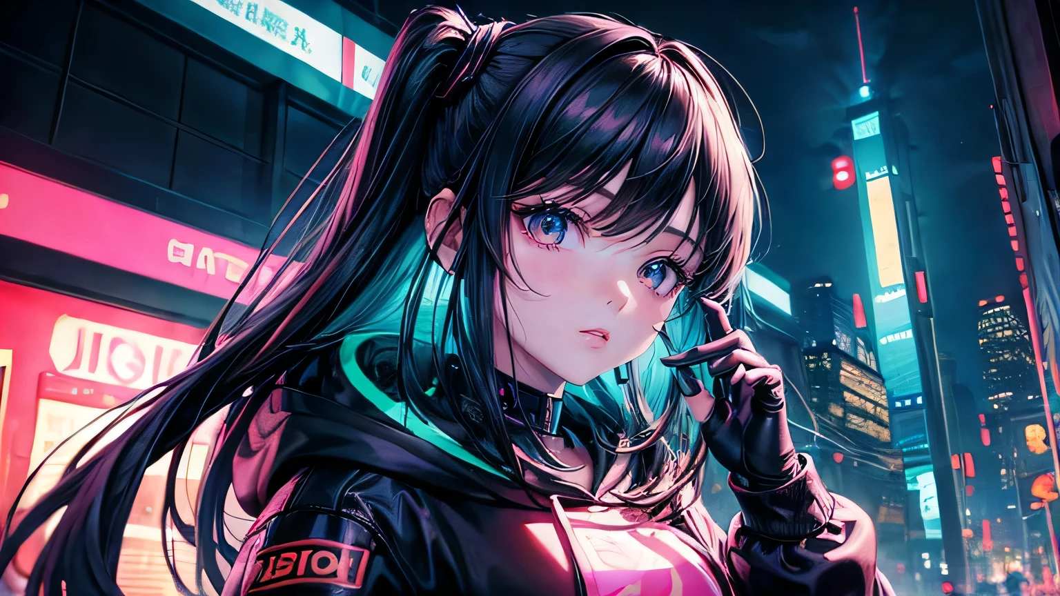 (oil, masterpiece, highest quality, Super detailed, Focus on the characters), One female、cyber punk,Detailed hair depiction,([return:0.8]|[ face facing returnwards:1.1]), 
hoodie,neon,([Night cityscape scenario:1.2]|[ ground:1.3]| [High Contrast:1.1])  