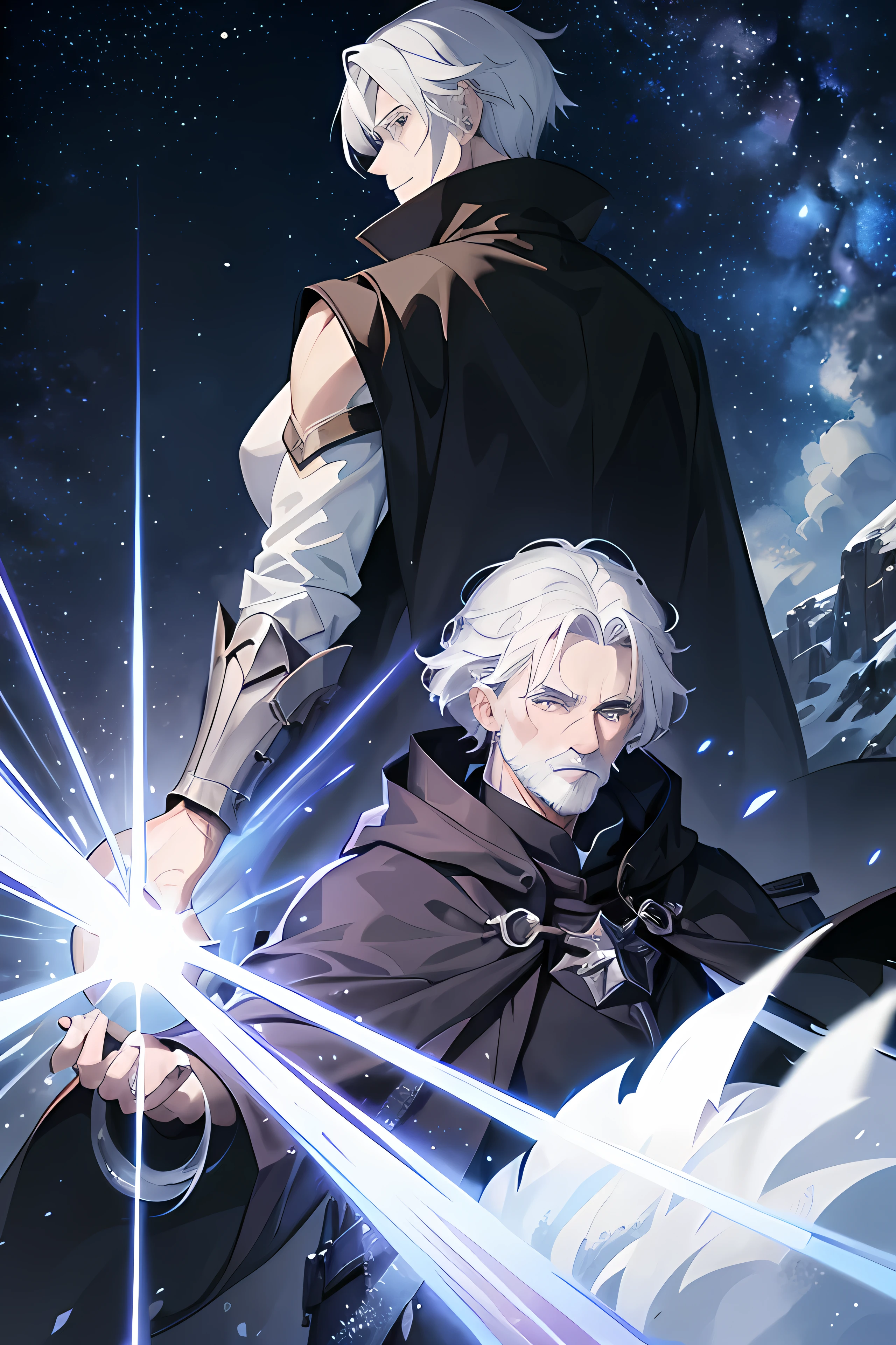 A white-haired old man in a black cloak, he has big shoulders, in the background there are snowy mountains and a dark night sky full of stars, but there is a purple spirit made of energy surrounding this man, with a blonde-haired and blue-eyed elf wearing light armor