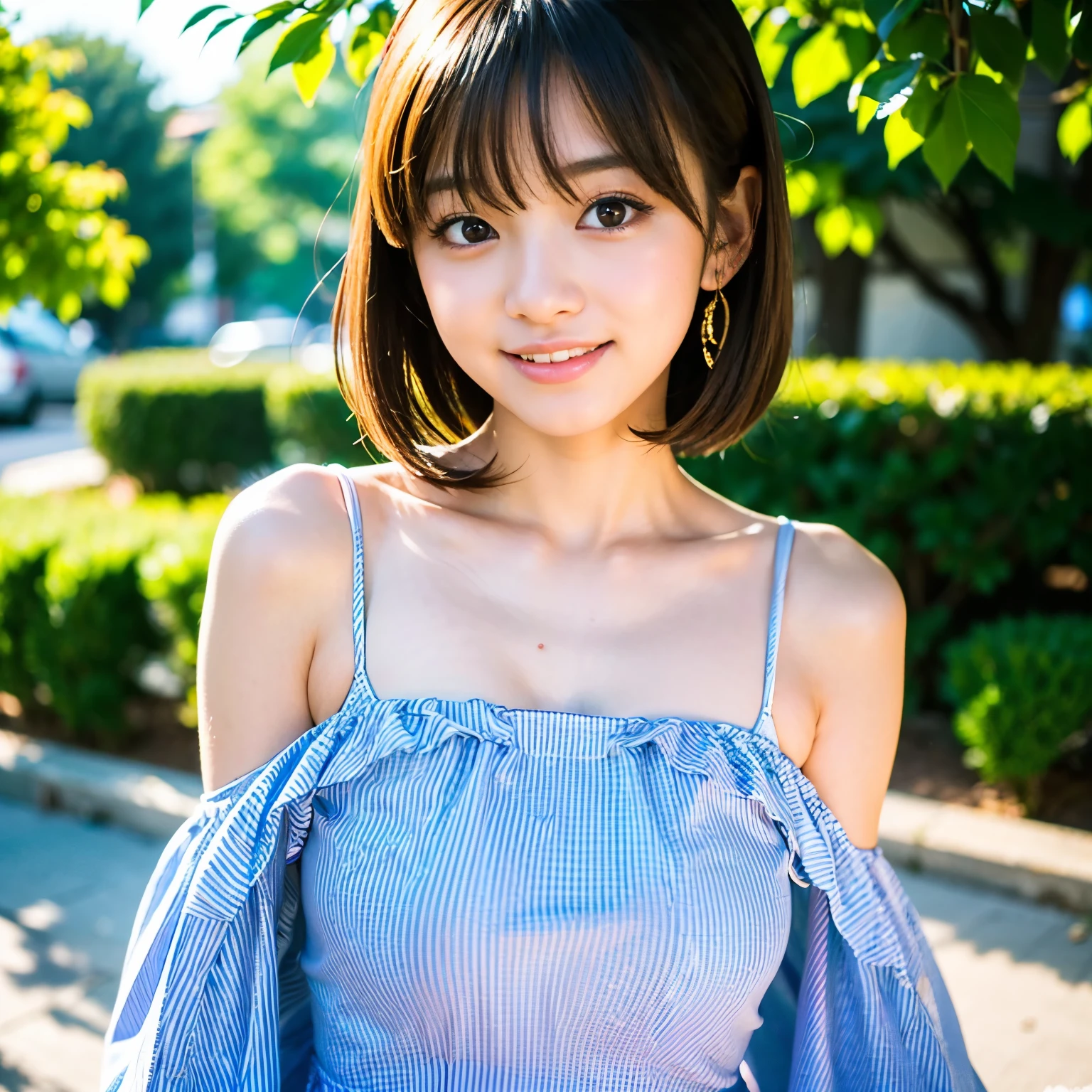 Best-quality, Masterpiece, Ultra-High-Resolution, (Photorealistic:1.4), Raw-Photo, 64K, depth of field, professional lighting, perfect anatomy, extremely details, 1girl, -yeld, thost famous Japanese idol, cowboy shot, dancing at park, wearing off shoulders dress with stripes-patterned, ((extremely cute face like the most popular Japanese idol, ((extremely cute and extremely big eyes)), extremely beautiful hair)), extremely beautiful skins, extremely cute lips, extremely cute long-eyelashes, extremely childish body, looking at viewer, innocent smile, detailed off-shoulders-dress-with-stripes-patterned