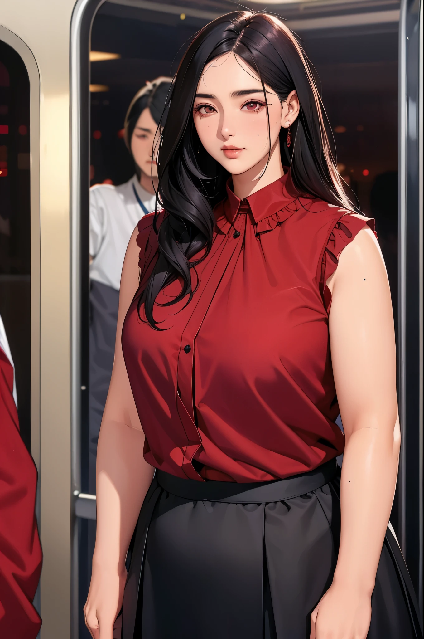 (dark red blouse,sleeveless:1.3),black and  long flare skirt,(plump arms),single mole on cheek,black hair,voluminous hair,unkempt hair, tall woman,27 years old,(fair skin:1.3),(cute eyes,tareme),plump oval face,light makeup,standing in train,