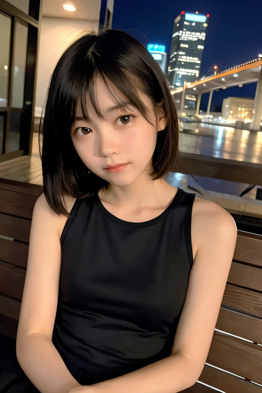 Highest quality,Perfect Face,Upper Body,12 years old,Thin arms,Beautiful night view,Sitting,camisole