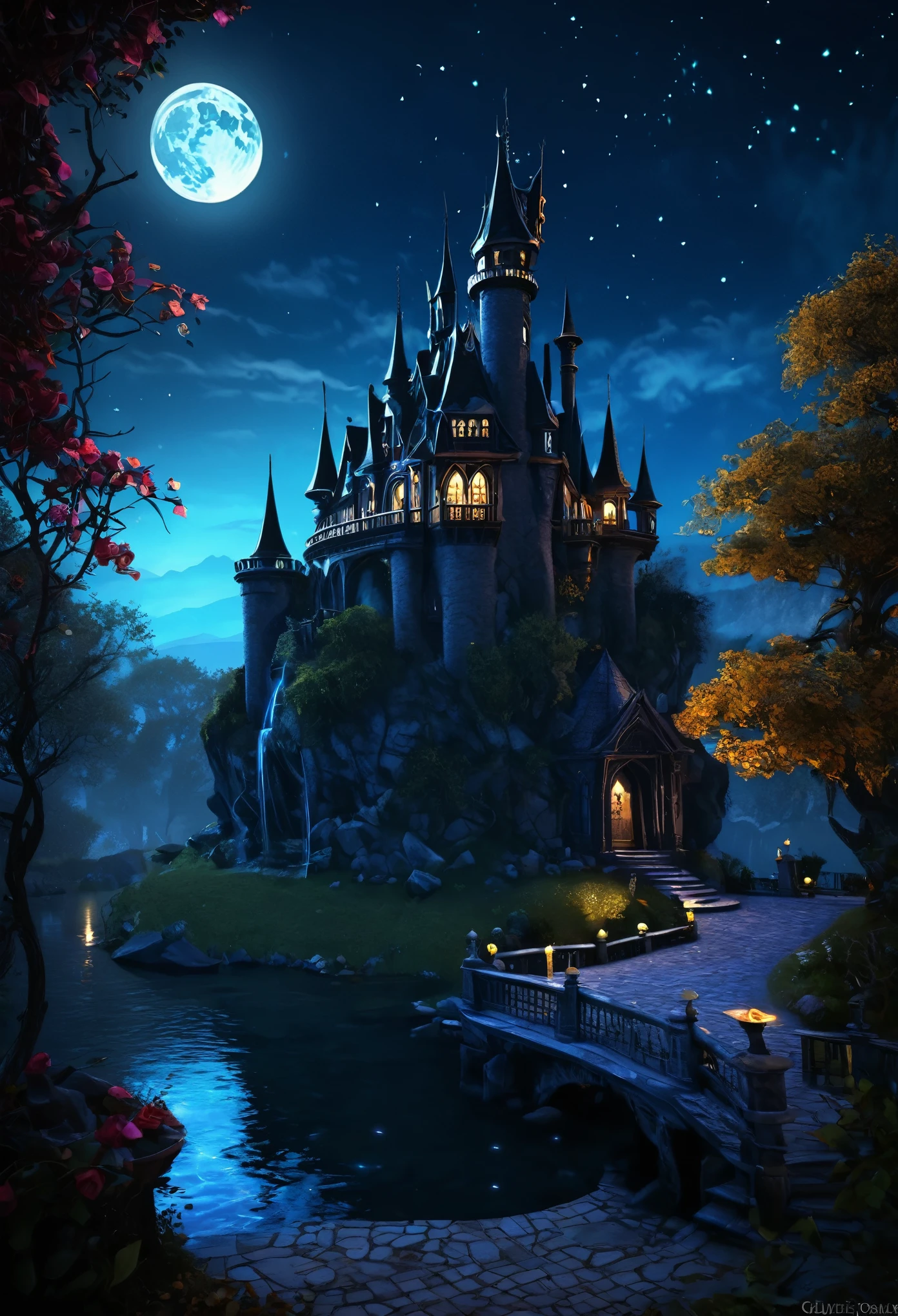Dream Castle,Beautiful Witch,figure,Enchanting atmosphere,Dark Sky,Mysterious Shadow,Crystal clear lake,Vibrant colors,Magic spells,ancient tomes,Shining moonlight,Unforgettable beauty,Detailed architecture,Gothic elements,twisted trees,Flying broom,Secret Passage,Stone Gargoyle,Witch's Familiars,Crimson Rose,Mystical symbols,Moonlit Balcony,Graceful silhouette,Ethereal Mist,Captivating Charm,Mysterious Aura,Starry Night,Whispering Wind,Crackling fireplace,Spells and potions,Dim candle light,Majestic turret,Hidden Room,Magic Hourglass,Witchcraft and sorcery,Magic Mirror,Enchanted Waterfall,Spiritual Beings,Magic wand,Wizard's Hat,Misty forest path,Moonlit courtyard,Magic Garden