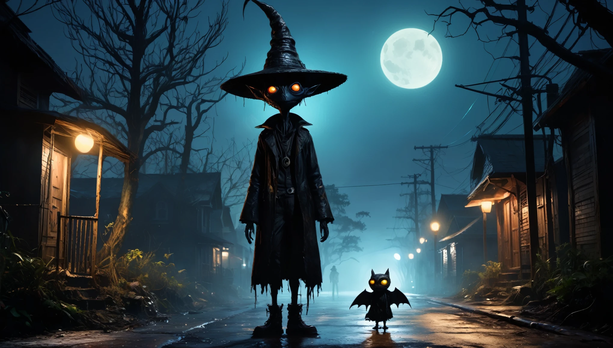 full body length,Obsidian Songbird,pretty face,eyebrow up,full body shot,ominous landscape,Fluorite niobium atmosphere,Simon Stalenhag,Nicola Samori,(((Ben Templesmith))),prime colors,urban,extremely detailed,masterpiece,intricate details,eyes extremely detailed, high detailed eyes,4k resolution,RAW, Nikon Z9,scary town, Maranhao of Brazil,A Halloween-themed chibi-ET-style-alien creature, wore straw hat, shabby clothes and damaged boot, made of black leather, walking with horrified accessories, dark alley, burned down fantasy-village, filled with magic, very dark night, cloudy dark sky, a moonlight without stars, shadow of bats, (((ghosts))) and (((monster))) around, the shadow of dead trees adds to a spooky scene, cinematic, (by Tim Burton&Guillermo del Toro&Steven Spielberg&Junji Ito), dark colors, creepy mood, featured on Netflix, outdoor scene, realistic details, high resolution
