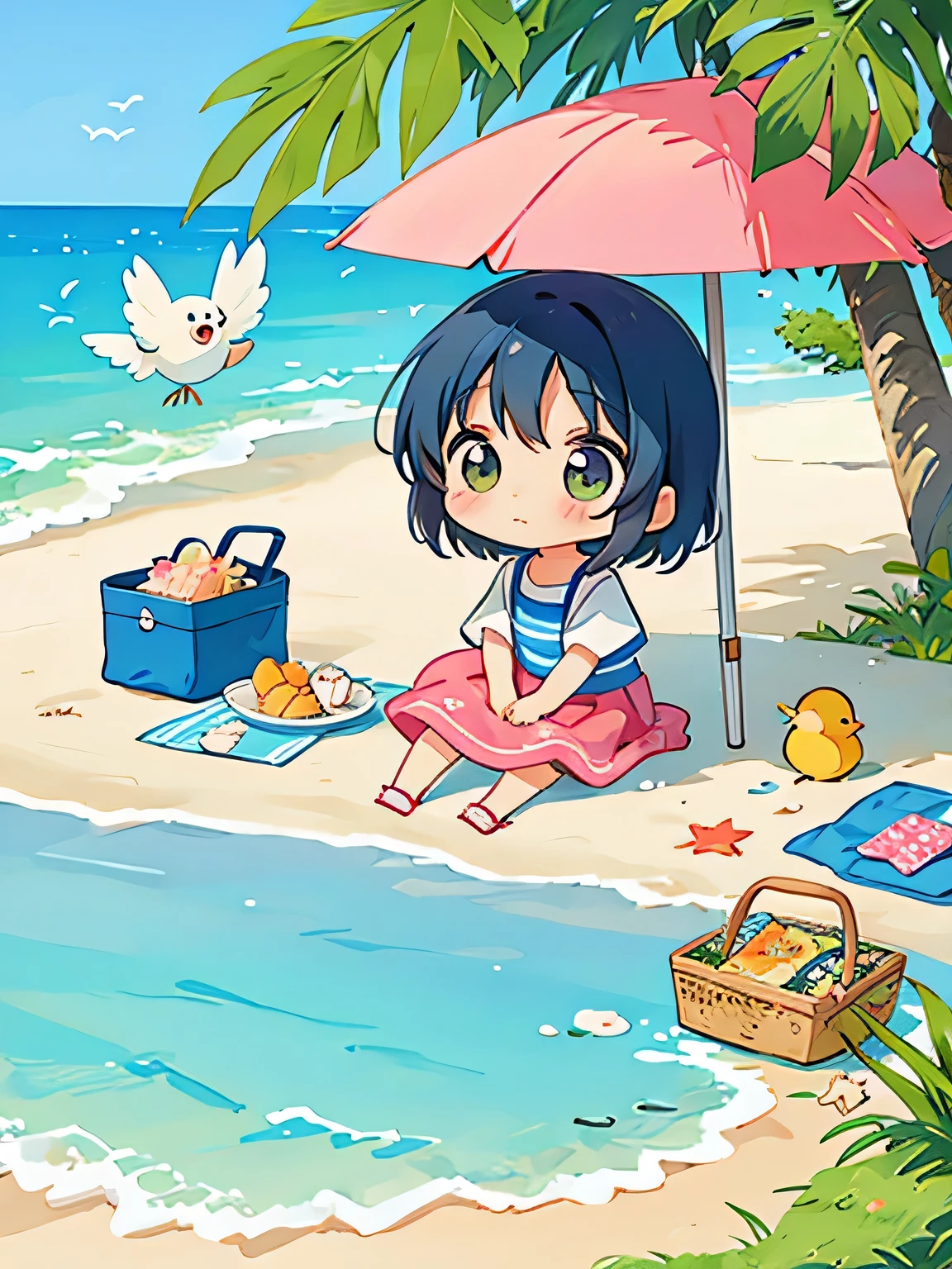 Fujio Akatsuka Style, Kawaii Design, most beautiful girl ever、Chibi, birdie、picnic、Summer beach