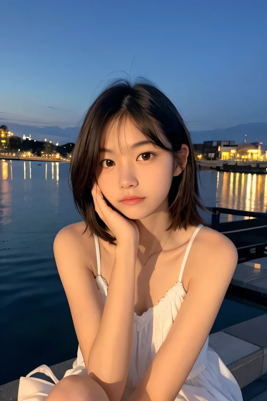 Highest quality,Perfect Face,Upper Body,12 years old,Thin arms,Beautiful night view,Sitting,camisole