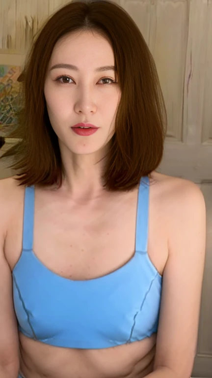 (best quality), (very aesthetic), (ultra-detailed), (best illustration),a mature female,Perfect Face,MKMami,(full_body),white underwear,skinny,MILF,on the bed,big tit,huge nipple,black hair,NSFW,She used both hands to undo the bra straps around her shoulders.