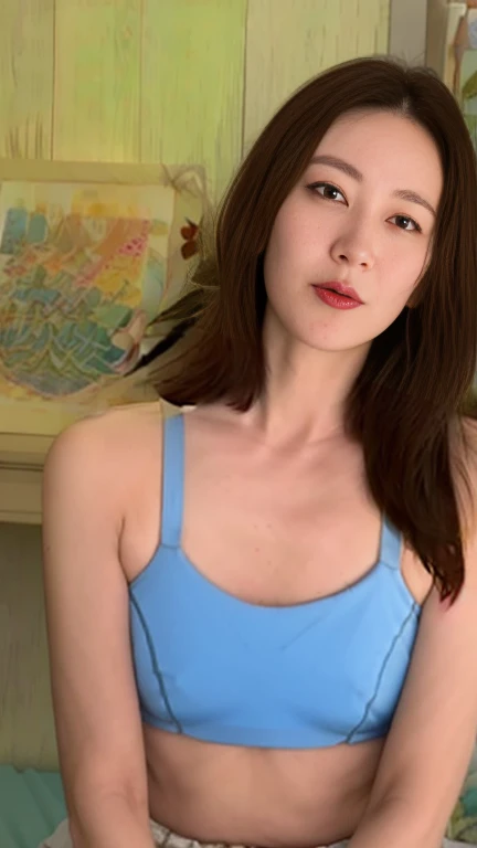 (best quality), (very aesthetic), (ultra-detailed), (best illustration),a mature female,Perfect Face,MKMami,(full_body),white underwear,skinny,MILF,on the bed,big tit,huge nipple,black hair,NSFW,She used both hands to undo the bra straps around her shoulders.