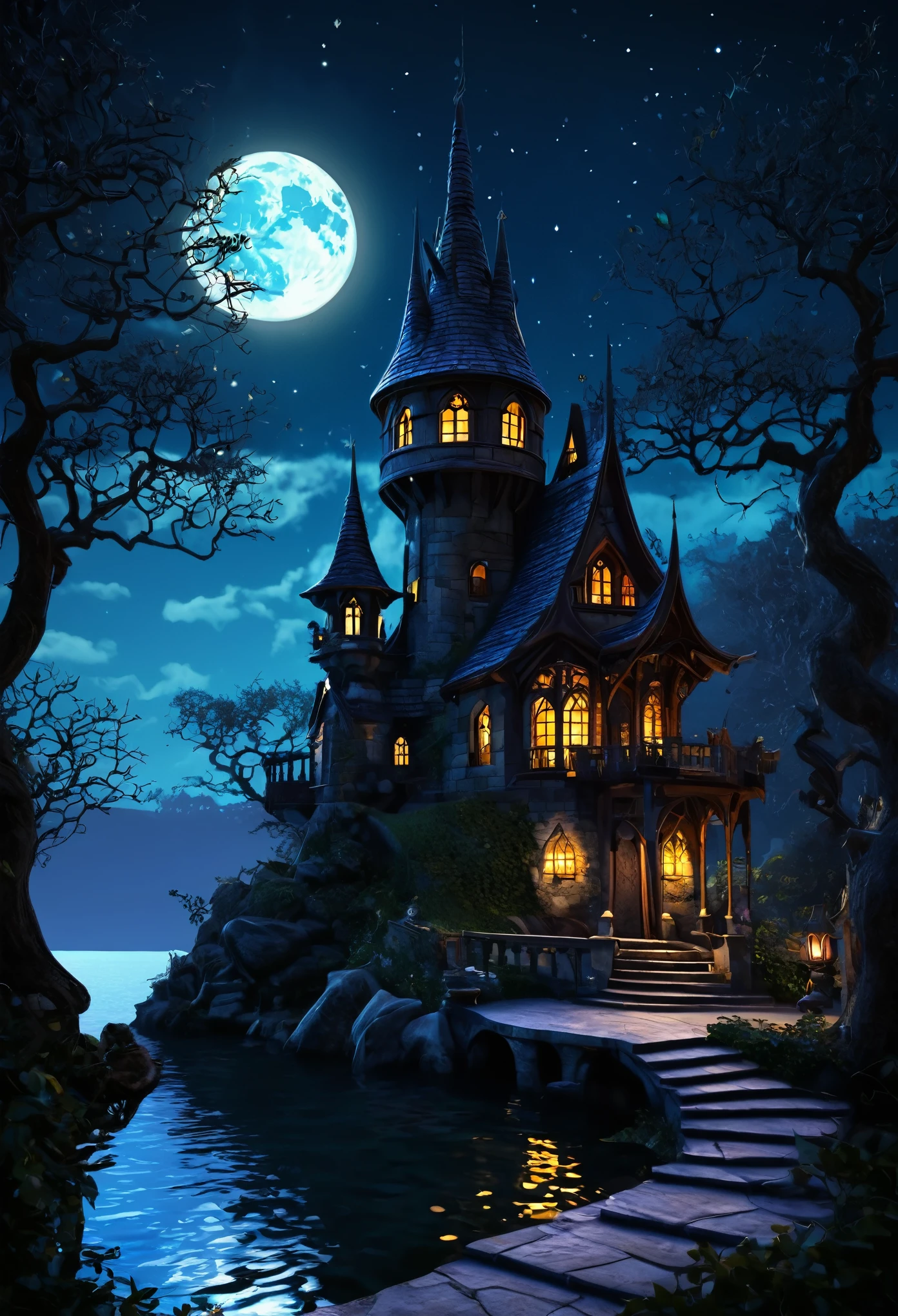 Dream Castle,Beautiful Witch,figure,Enchanting atmosphere,Dark Sky,Mysterious Shadow,Crystal clear lake,Vibrant colors,Magic spells,ancient tomes,Shining moonlight,Unforgettable beauty,Detailed architecture,Gothic elements,twisted trees,Flying broom,Secret Passage,Stone Gargoyle,Witch's Familiars,Crimson Rose,Mystical symbols,Moonlit Balcony,Graceful silhouette,Ethereal Mist,Captivating Charm,Mysterious Aura,Starry Night,Whispering Wind,Crackling fireplace,Spells and potions,Dim candle light,Majestic turret,Hidden Room,Magic Hourglass,Witchcraft and sorcery,Magic Mirror,Enchanted Waterfall,Spiritual Beings,Magic wand,Wizard&#39;s Hat,Misty forest path,Moonlit courtyard,Magic Garden