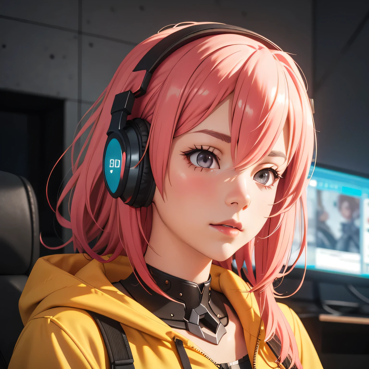 a close up of a person wearing headphones and a (yellow jacket), a character portrait by senior character artist, trending on cg society, realism, render of a cute 3d anime girl, cyberpunk anime girl in hoodie, photorealistic anime girl render, 3d anime girl, anime styled 3d, m4 sopmod ii girls frontline, e - girl, e-girl