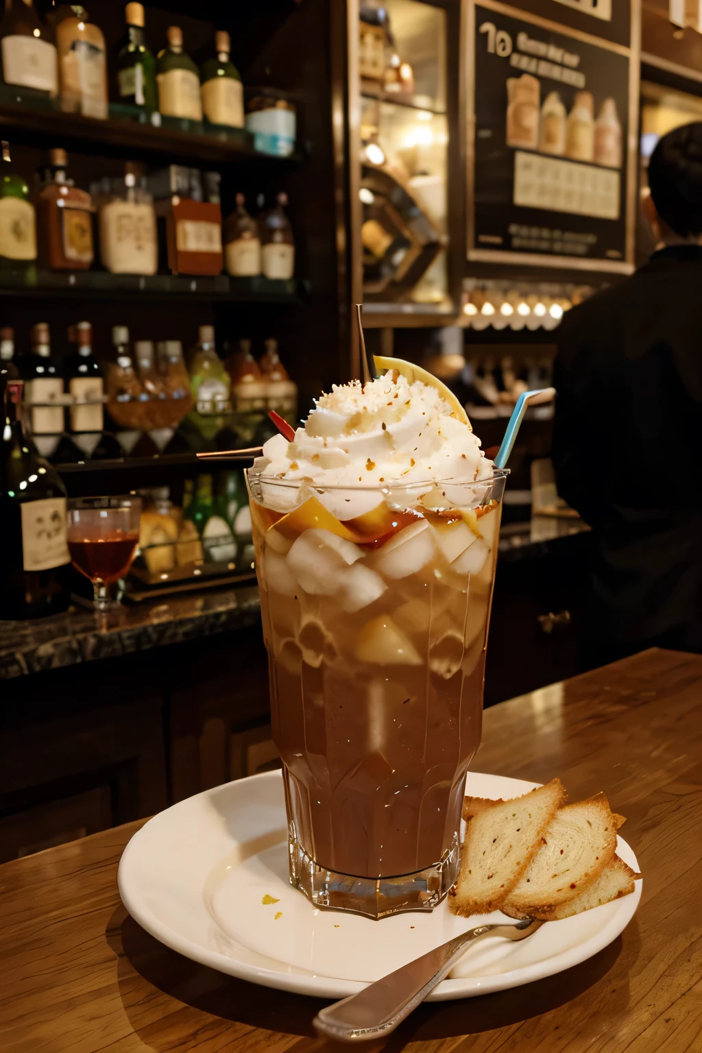 A picture of a sandwitch, fancy drink,in the background an city