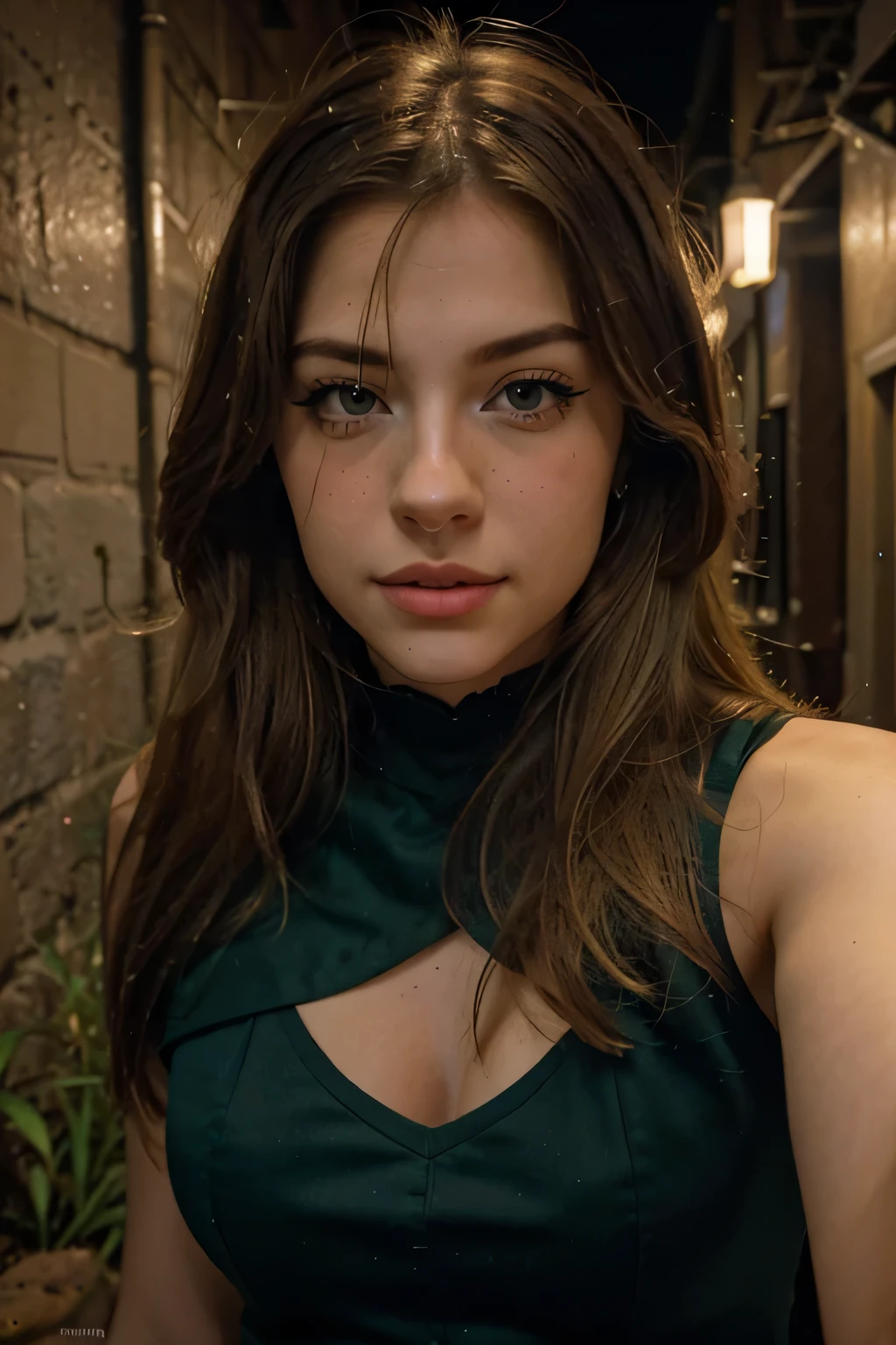 (Selfie, Plan: 1.4), (straight half of body: 1.4), RAW UHD portrait photo myjer blonde (Green-eyed woman) Walking down a dark alley, City at night, (rock), Details (Weave! , Hair ! , Shine, Color!! , Disadvantages: 1.1), Bright eyes with high level of detail (Looking at the camera), SLR Lighting, Single-lens reflex camera, Ultra quality, sharpness, Depth of field, Filmkorn (Medium), Fujifilm femdom, snotty appearance, symmetrical face, Wearing a beautiful dress