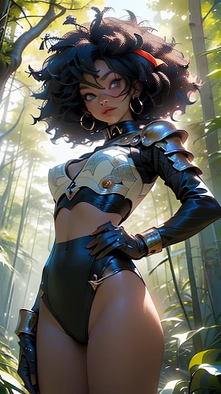 girl druid,(((1girl))),((cute and beautiful afro haired girl)),((((black race)))),
(large breasts:1.4),saggy breasts,((((black afro hair:1.35,((afro hair:1.35)),afrohair,afro:1.35,dark hair,black hair,)))),medium hair,((heterochromia:1.5, (yellow_eye and red_eye))),intricate eyes,beautiful detailed eyes,symmetrical eyes,((fat)),((((tan,dark skin,black skin:1.35,dark-skinned_female,dark skin:1.3,ebony skin,lustrous skin:1.5,bright skin: 1.5,shiny skin,very shiny skin,shiny body,illuminated skin)))),(spider lower abdomen,narrow waist,wide hip,athletic body,inflated legs, thick thighs),((detailed face)),
cute,slutty,sensual,seductive look,seductive,erotic,enchanting,((nsfw)),
zettai ryouiki,revealing clothing,show skin,(wearing a native celtic body armor:1.3,micro armor bikini,bare legs,an armored arm),(((intricate outfit,intricate clothes))),
(dynamic pose:1.0),solo focus,embarrassed,(centered,scale to fit dimensions,Rule of thirds),
outdoors,forest,(forest background,glowing crystals,bioluminescent plant),scenery,extremely scenery,(((glowing crystals,bioluminescent plants))),(forest on the background),(sunset, golden hour),
(Glossy forest ornaments),highres,sharp focus,(ultra detailed,extremely detailed),(photorealistic artwork:1.37),(extremely detailed CG unity 8k wallpaper),(((vibrant colors,vibrant theme))),(intricate),(masterpiece),(best quality),artistic photography,(photography taken by sldr),(intricate background),perfect rendered face,perfect face details,realistic face,photo realistic,((intricate detail)),(((realism))),